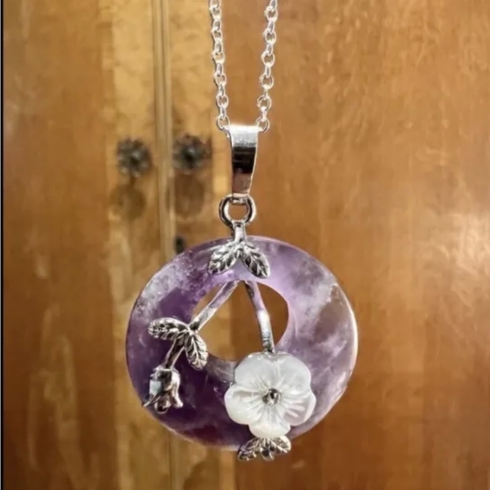 New Deep Purple Amethyst & Mother Of Pearl Cherry Blossom Pendant On Silver …